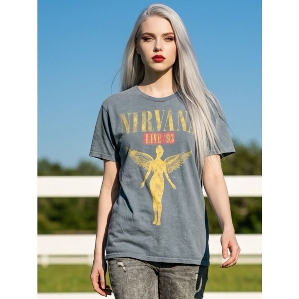 NWOT Unisex Blue Short Sleeve Tee Short Nirvana 1993 Concert Tour - Size Large